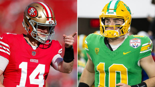 San Francisco 49ers quarterback Sam Darnold and Oregon Ducks quarterback Bo Nix.